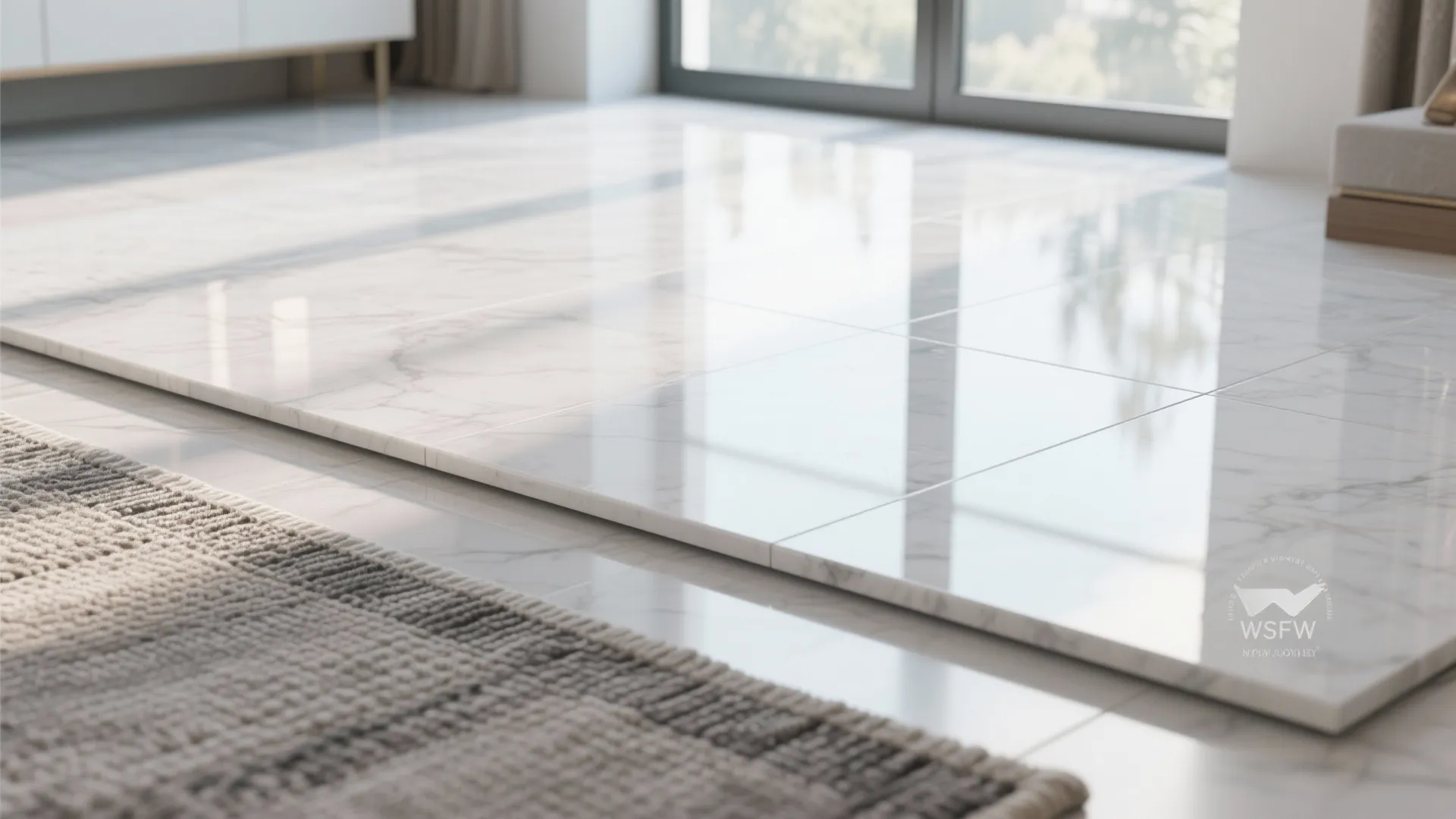 4. High-gloss white large-format slabs for a luxury look