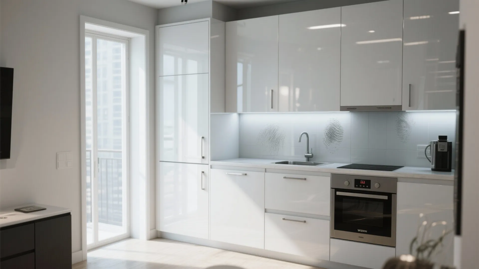 2. Glossy white slab doors to amplify light