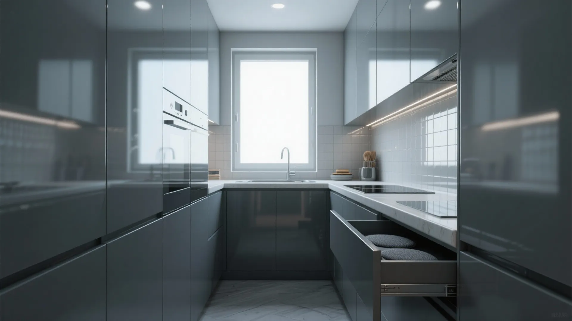 Windowless kitchenette with high-gloss slate cabinets and reflective backsplash brightening the space.