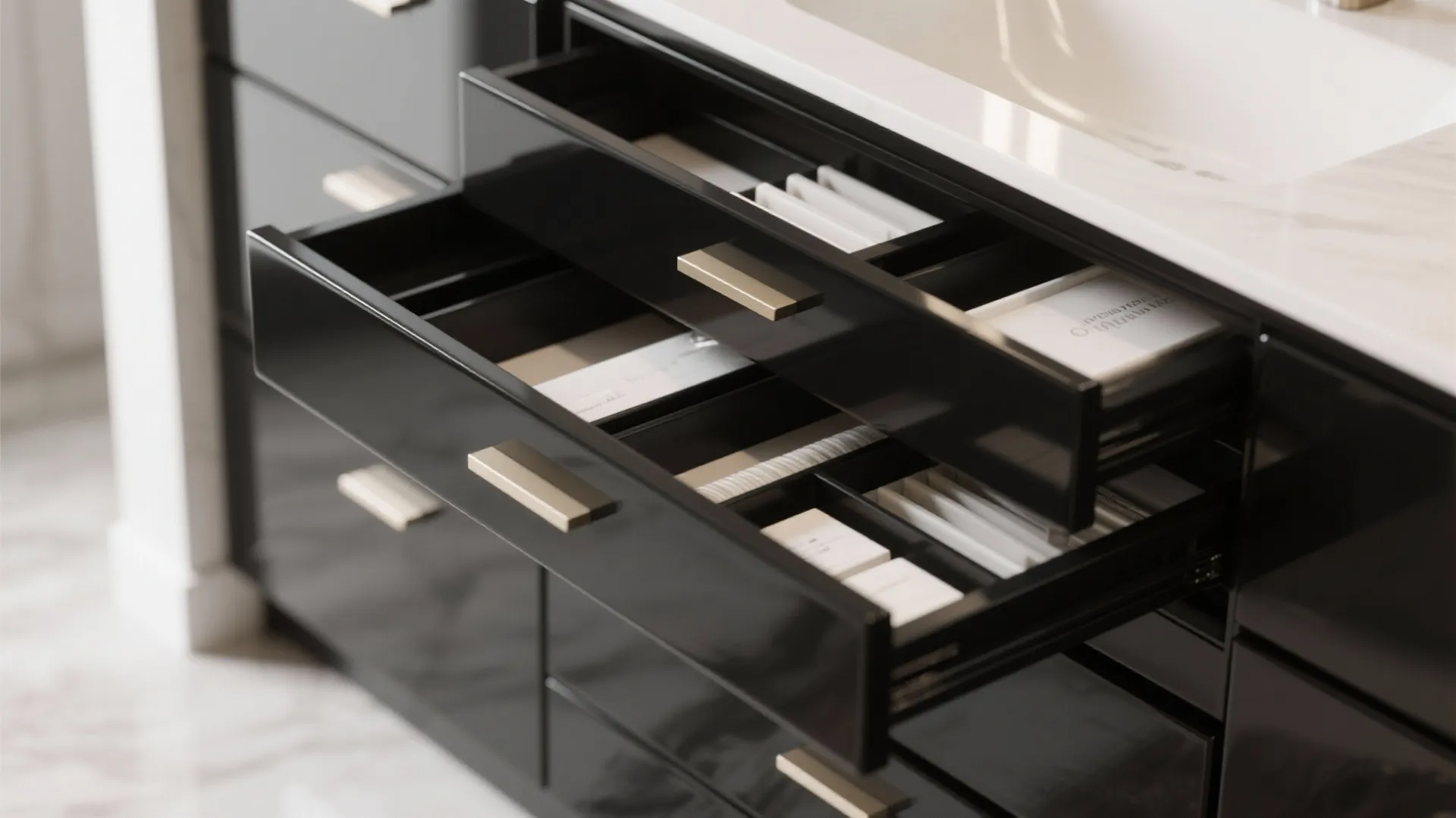 Open black glossy cabinet drawers with gold handles showing organized white storage boxes inside bathroom