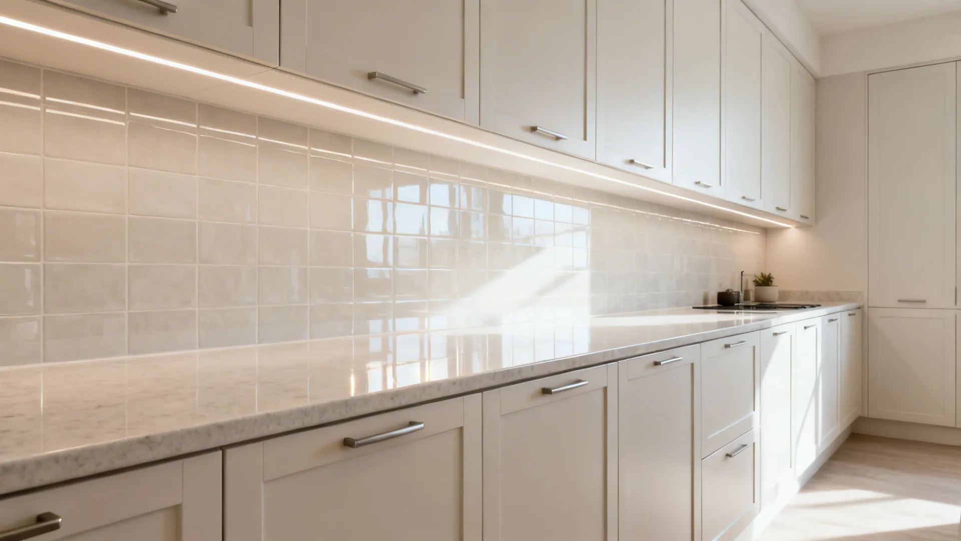 Glossy pale backsplash and slim satin cabinets brighten a narrow one-slab kitchen.