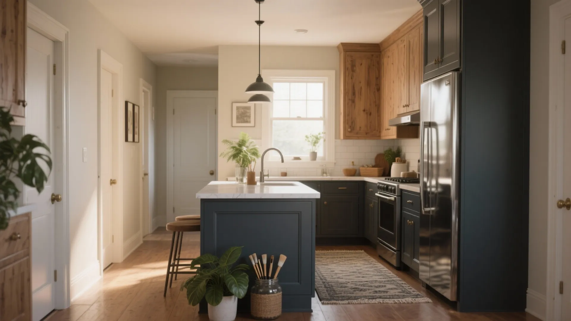 Modern kitchen featuring dark green cabinets wood upper cupboards white marble island and stainless steel fridge