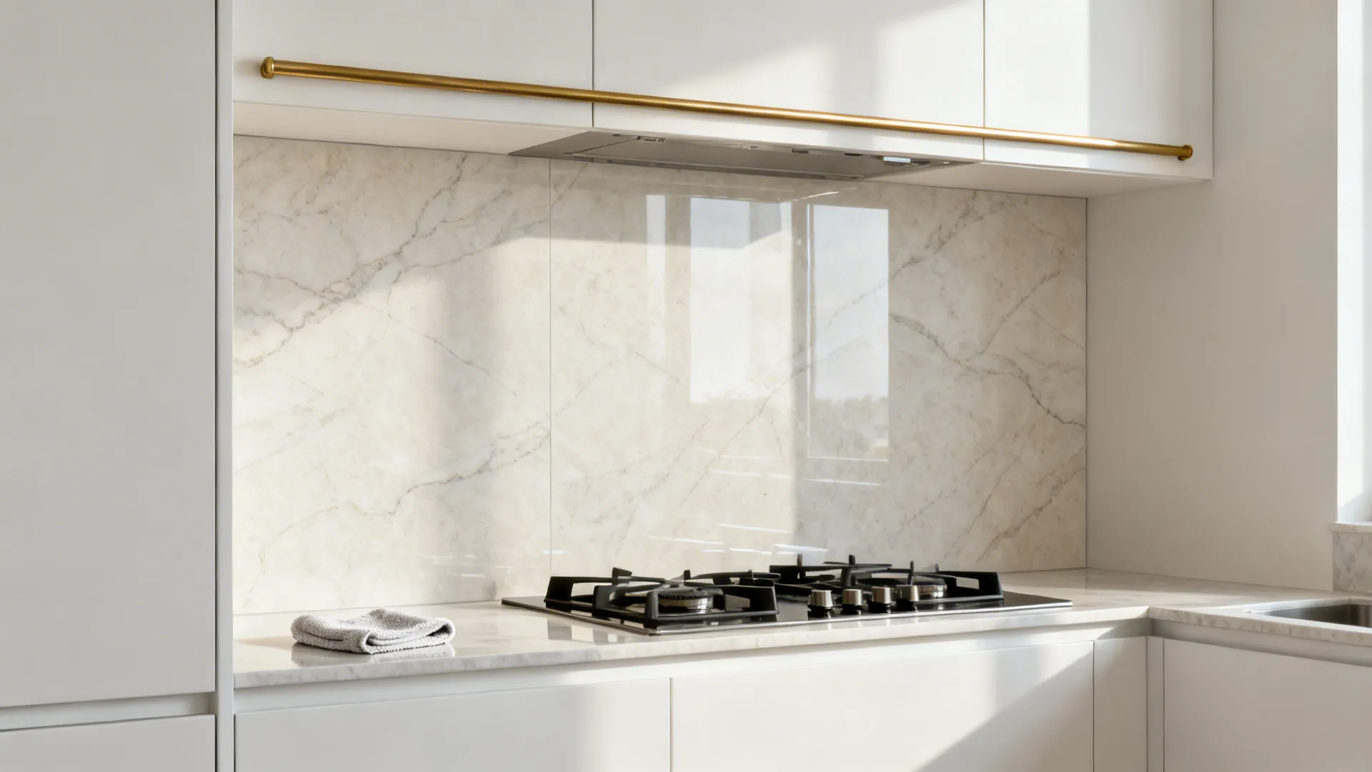 Glossy pale stone-look large-format backsplash panel behind a cooktop in a small bright kitchen.