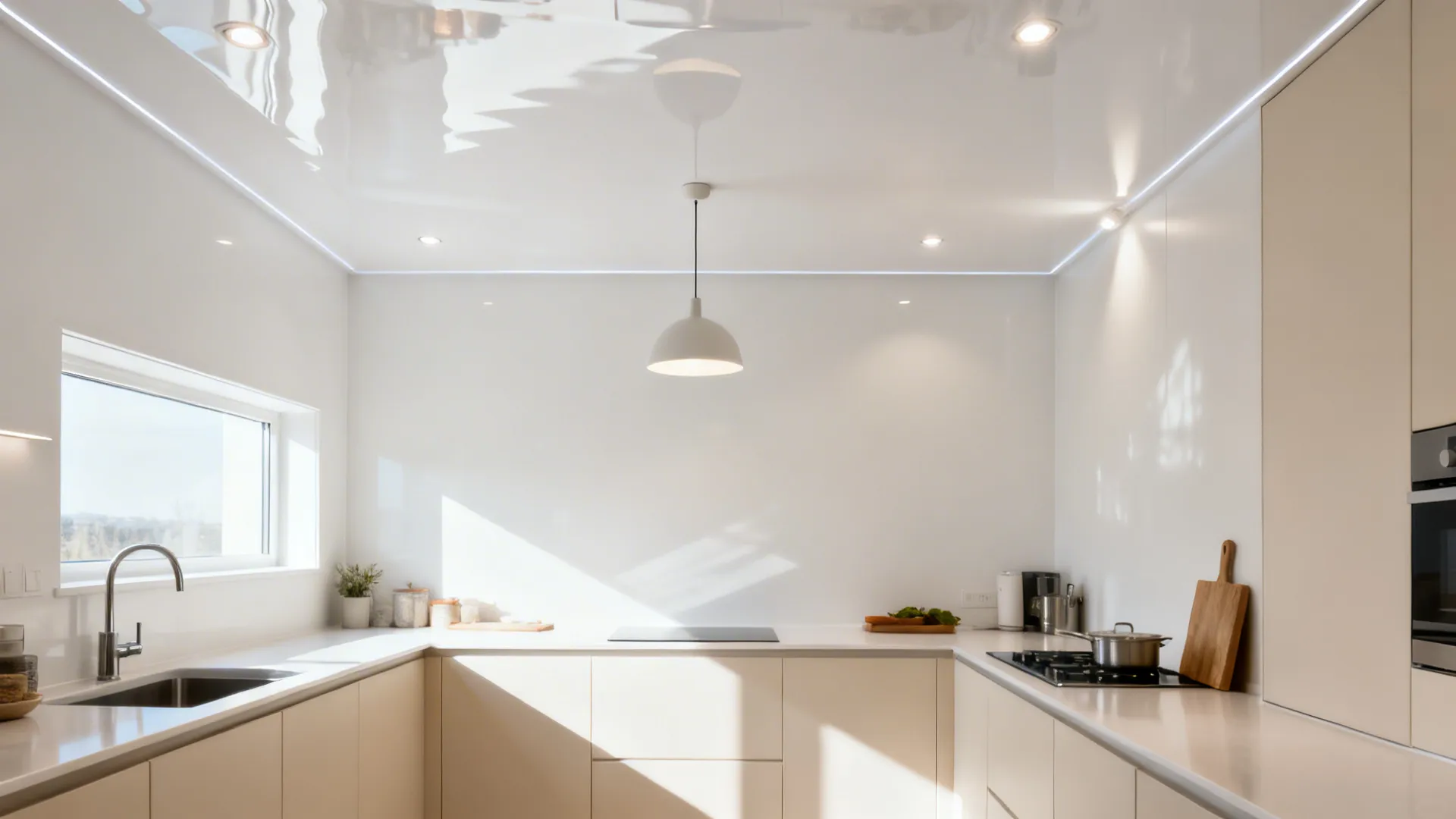 Compact kitchen with a glossy white stretch ceiling reflecting soft light.