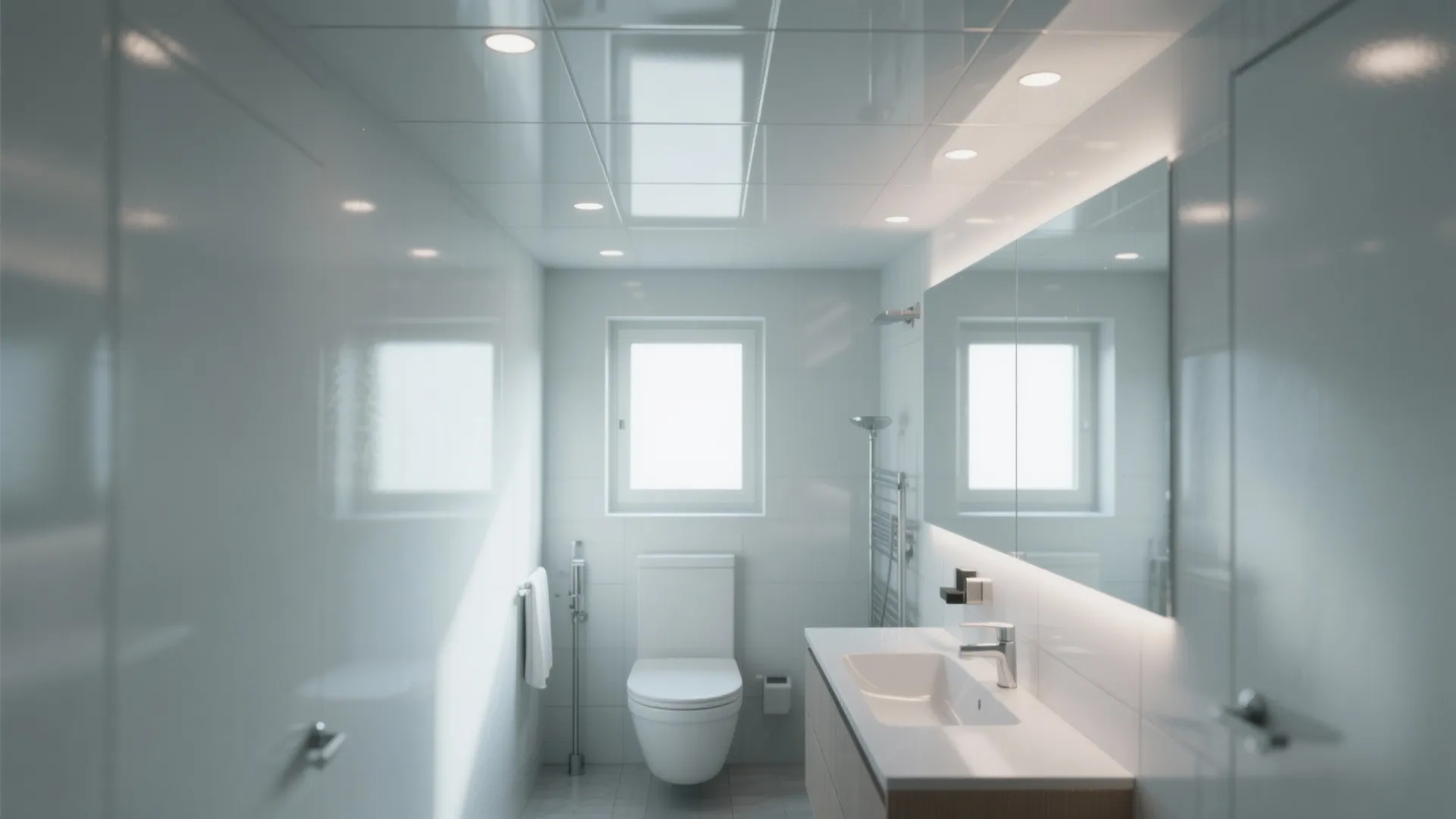 Bright clean white bathroom with glossy ceiling tiles small round lights and a large mirror
