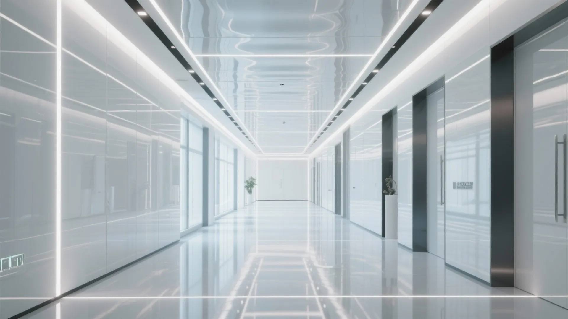 Modern bright hallway with glossy white floors reflective ceiling long windows and sleek glass doors