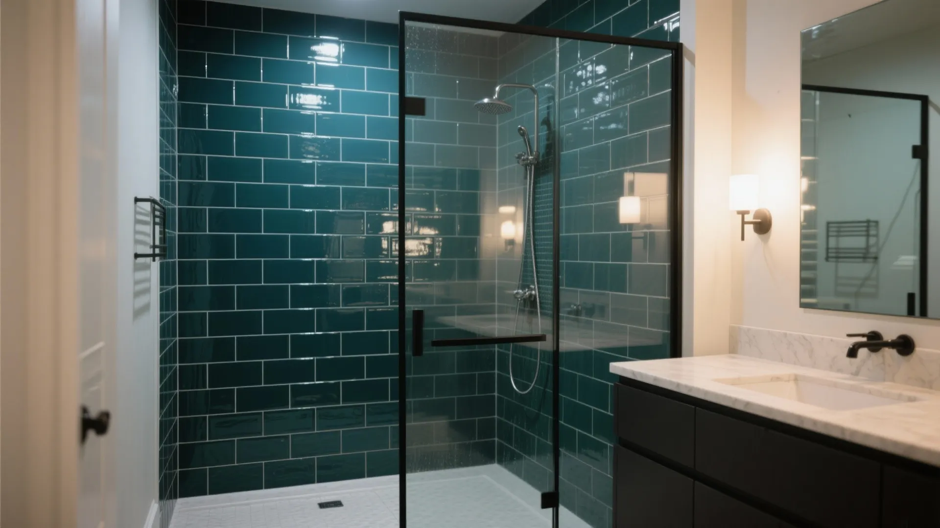 Modern bathroom with dark green wall tiles, glass shower door, marble countertop, and black hardware