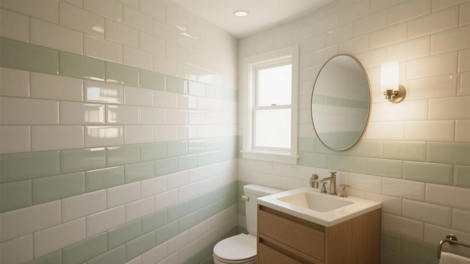 Modern bathroom with green and white wall tiles round mirror wooden cabinet sink and toilet