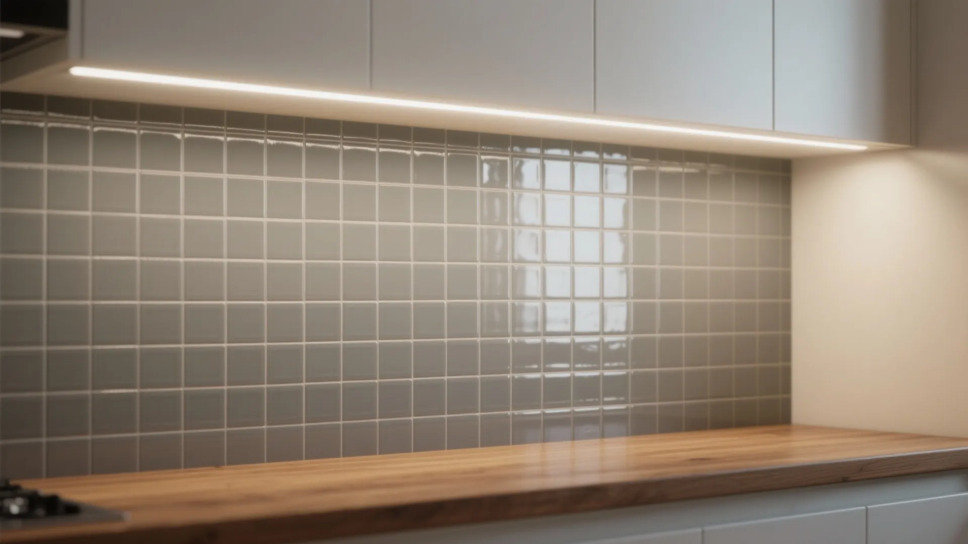 Kitchen backsplash with grey square tiles under white cabinet light and a smooth wooden countertop