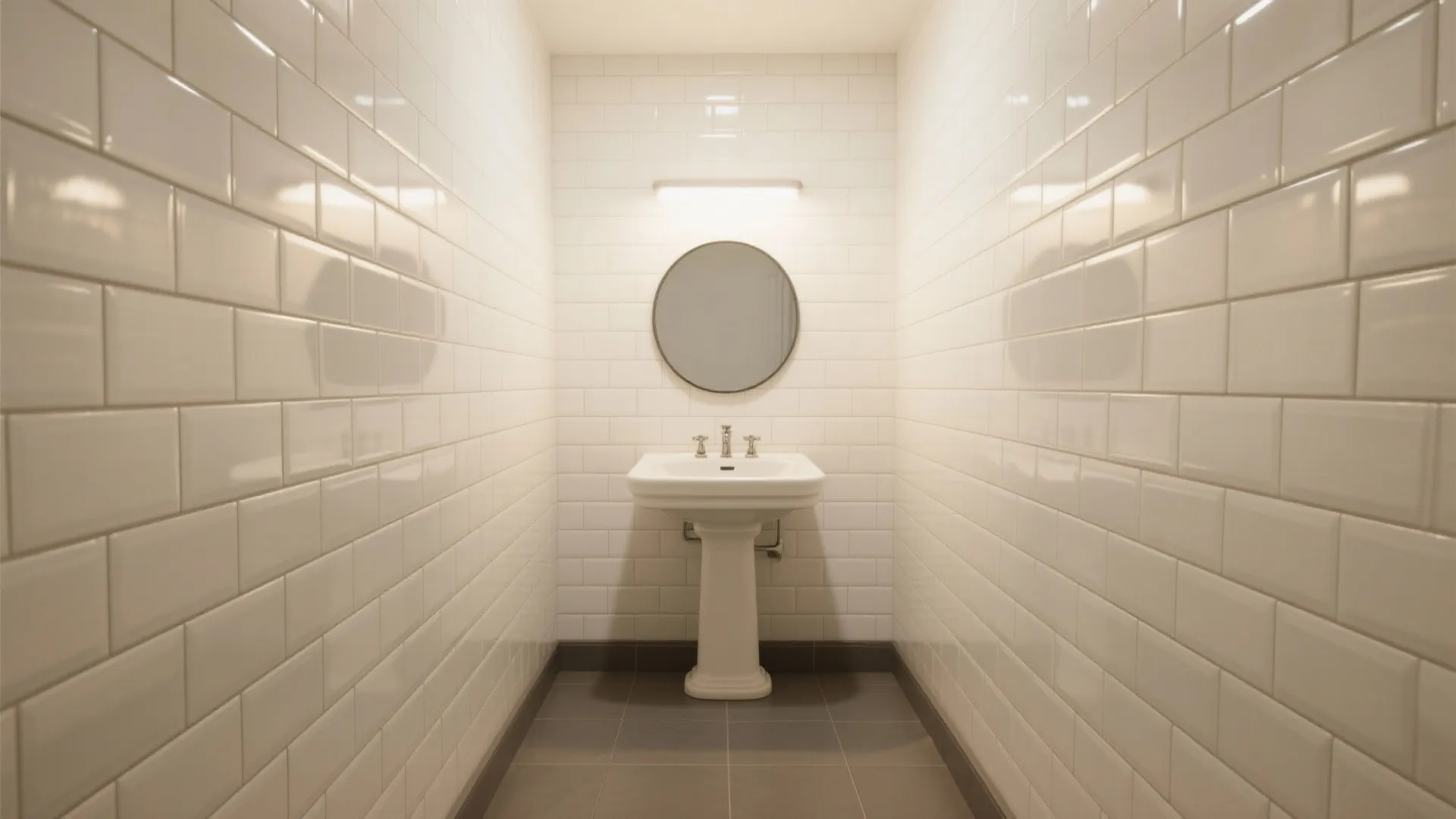 Windowless powder room with glossy white subway bathroom wall tiles stacked vertically