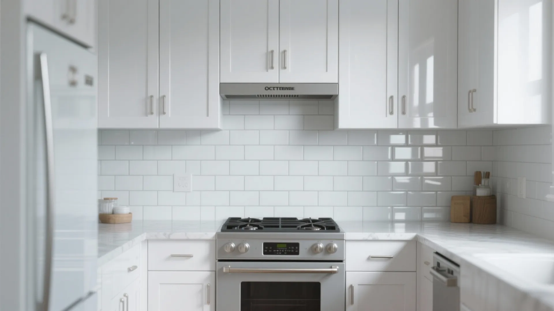 1. All-white glossy cabinets with subway tile