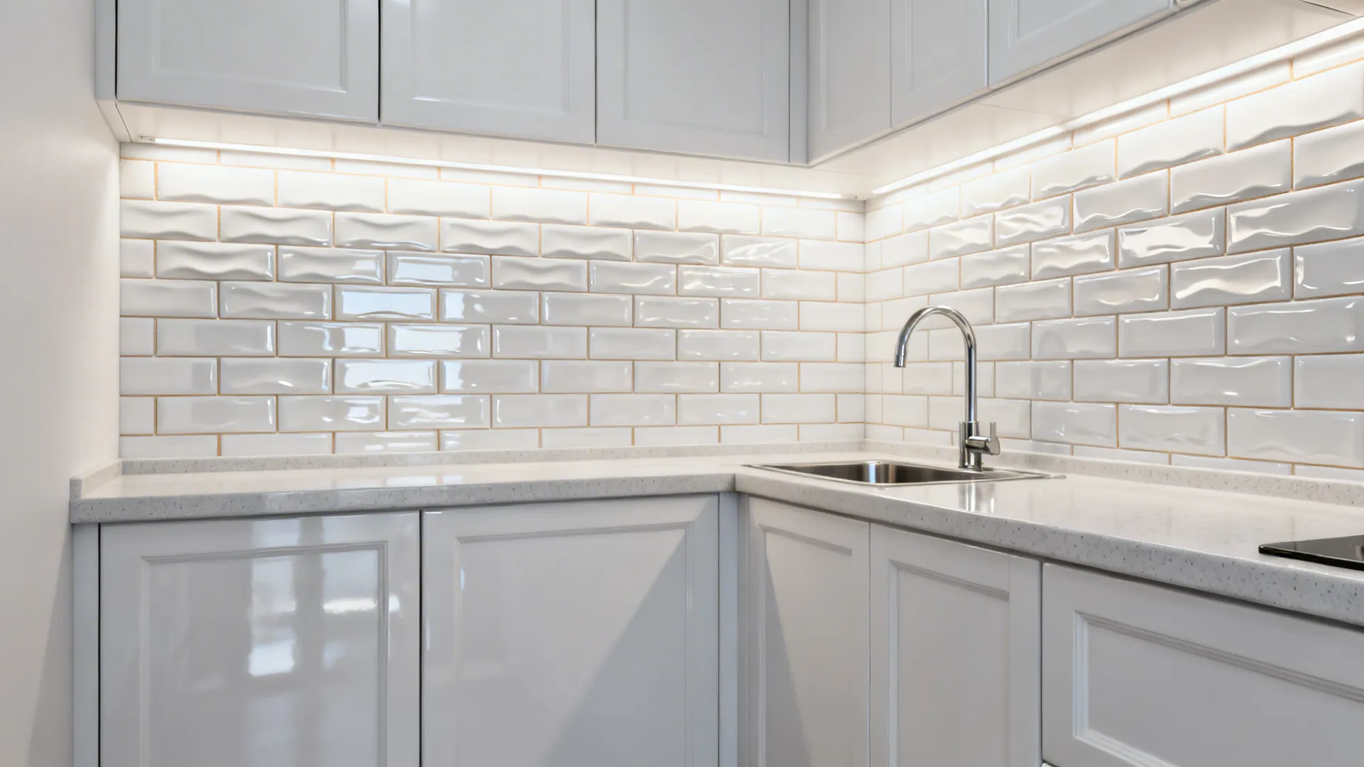 Glossy white subway tile backsplash with tight grout lines brightens a small galley kitchen.