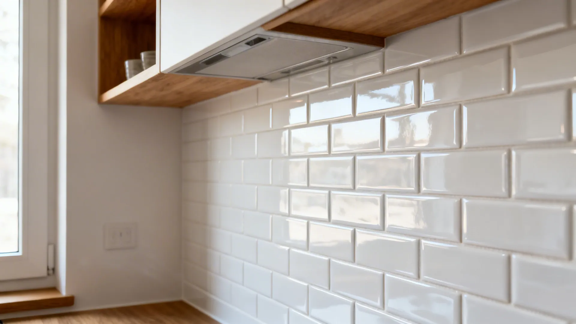 Glossy white ceramic subway backsplash with tight grout lines brightens a compact kitchen.