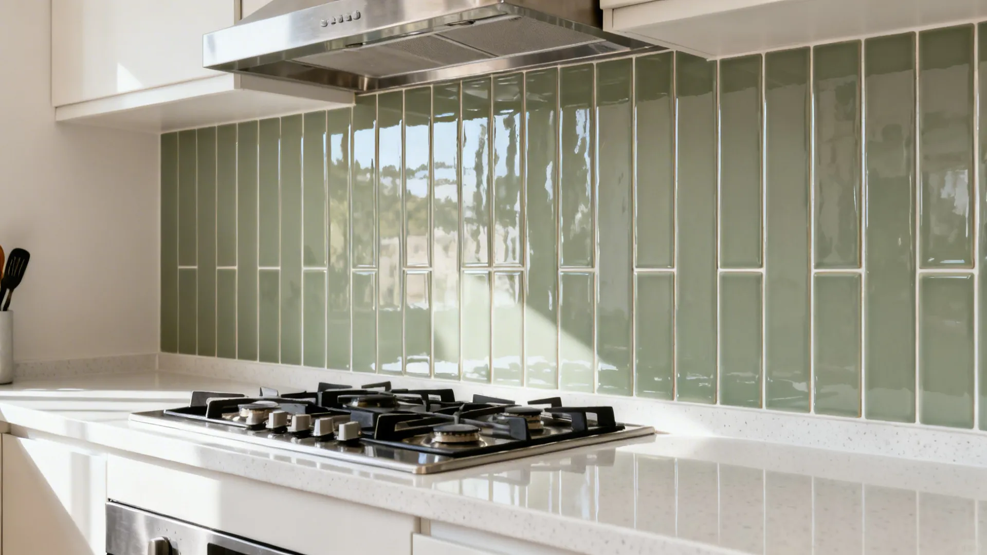 Glossy sage ceramic subway backsplash stacked vertically with epoxy grout in a compact kitchen.