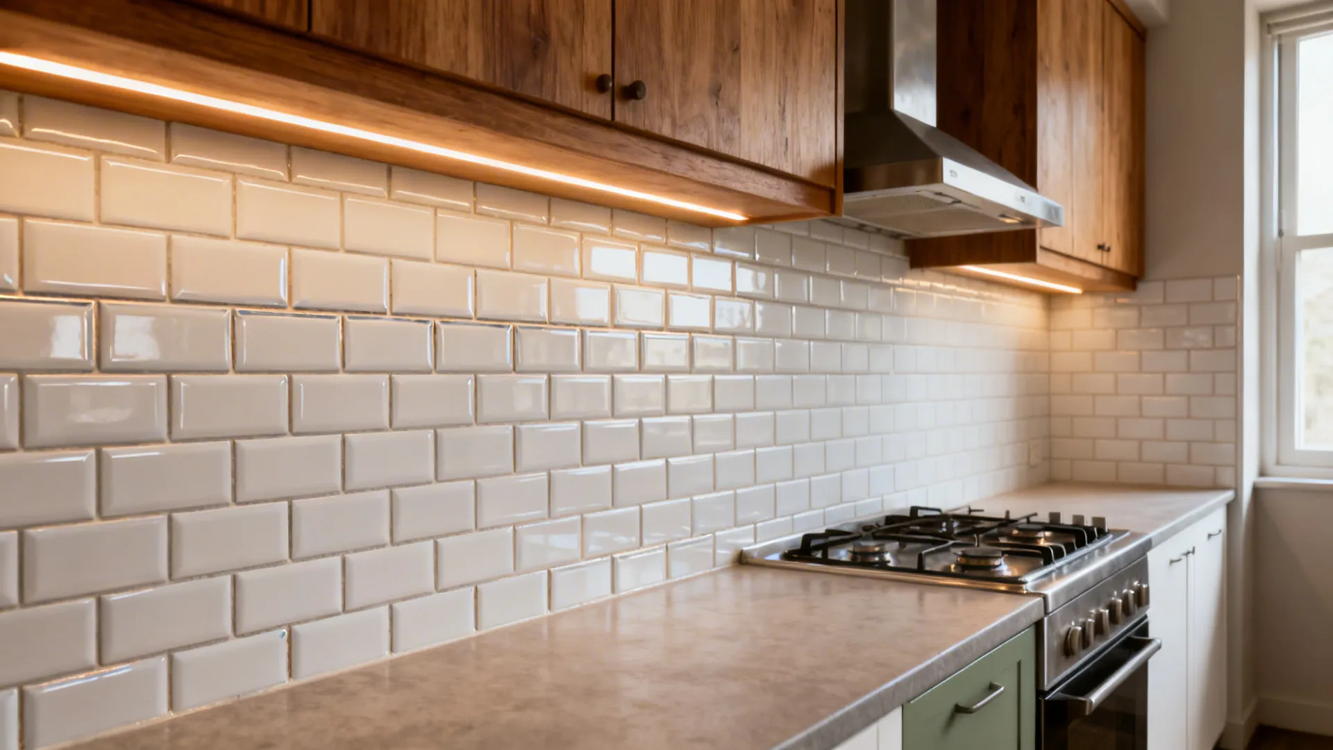 Glossy beveled white subway tile backsplash with warm LEDs in a compact kitchen.