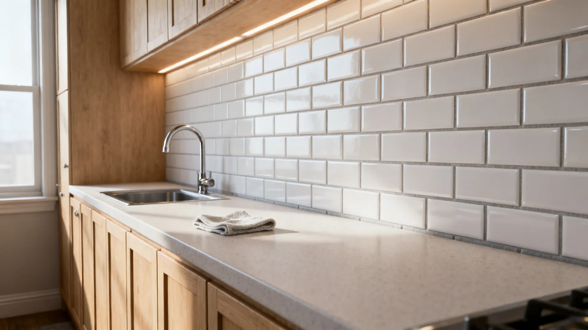 Small galley kitchen with glossy white subway tile backsplash and clean grout lines.