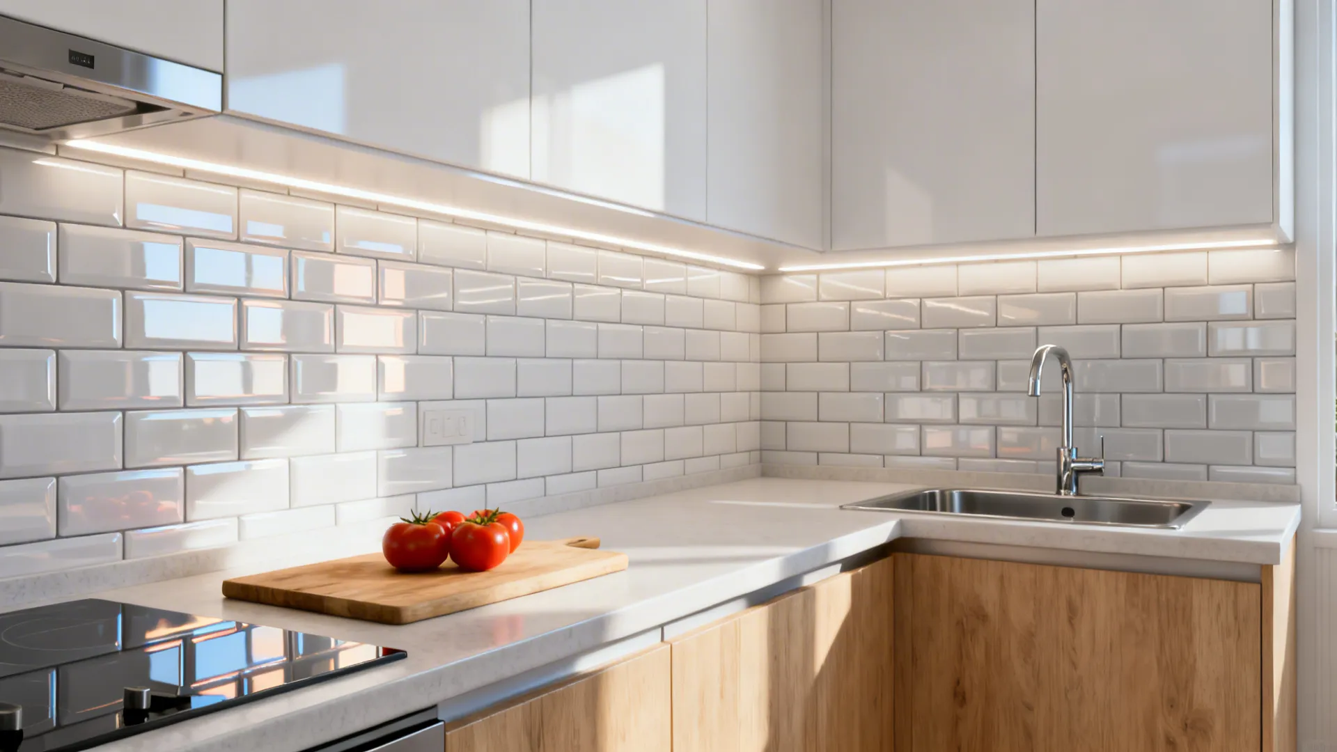 Glossy white subway tile backsplash brightening a small Indian kitchen with tight grout lines.