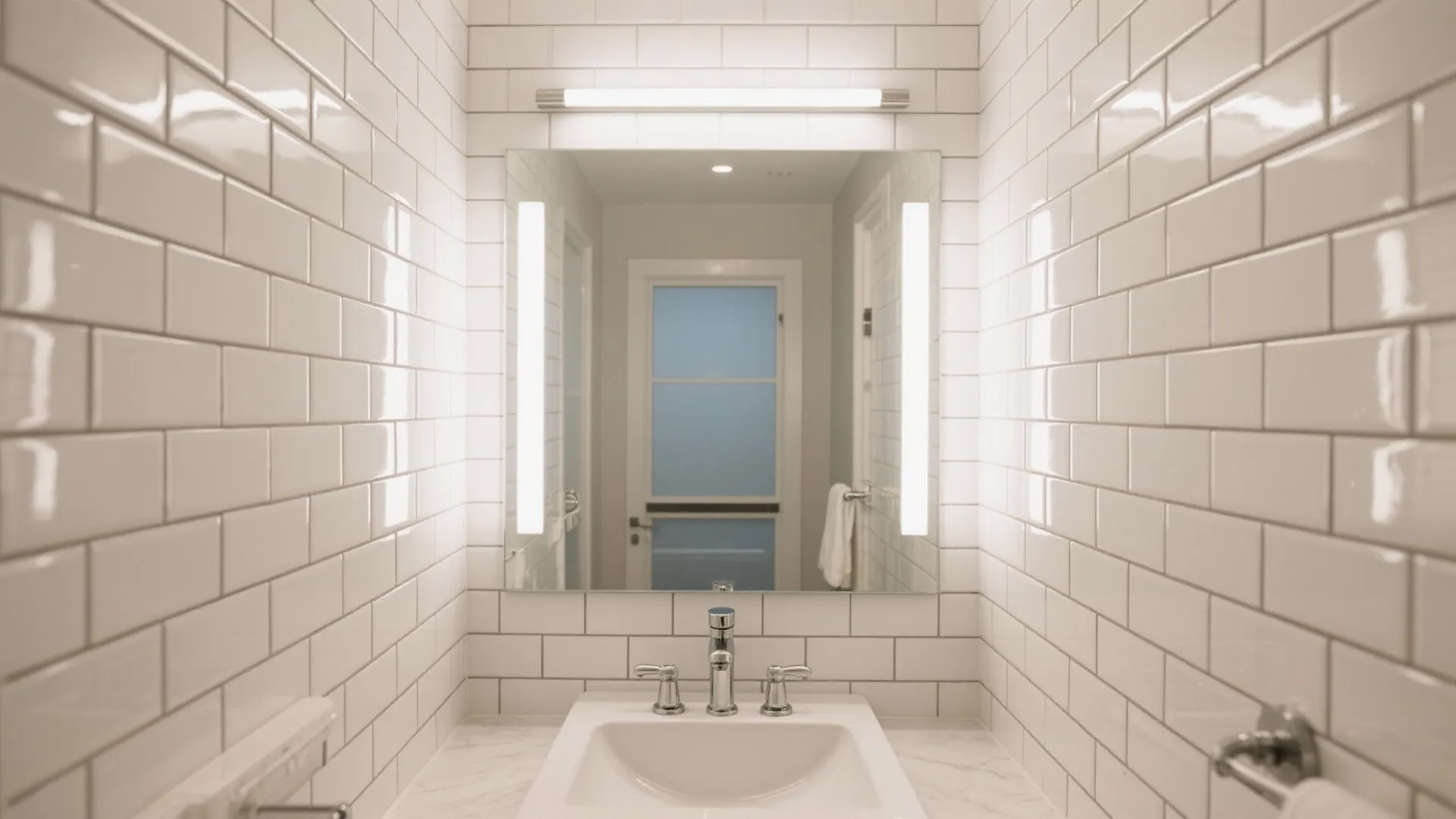 2) High-gloss white subway tiles with intentional grout contrast