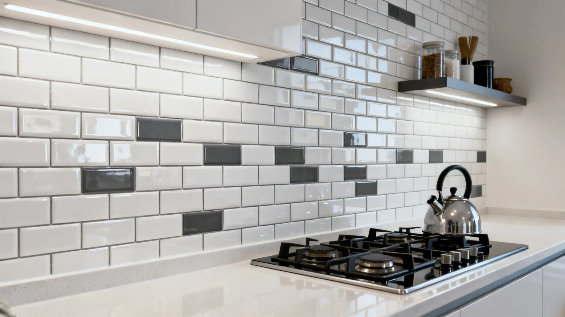 Modern kitchen wall with white and grey brick tiles above gas stove and a kettle