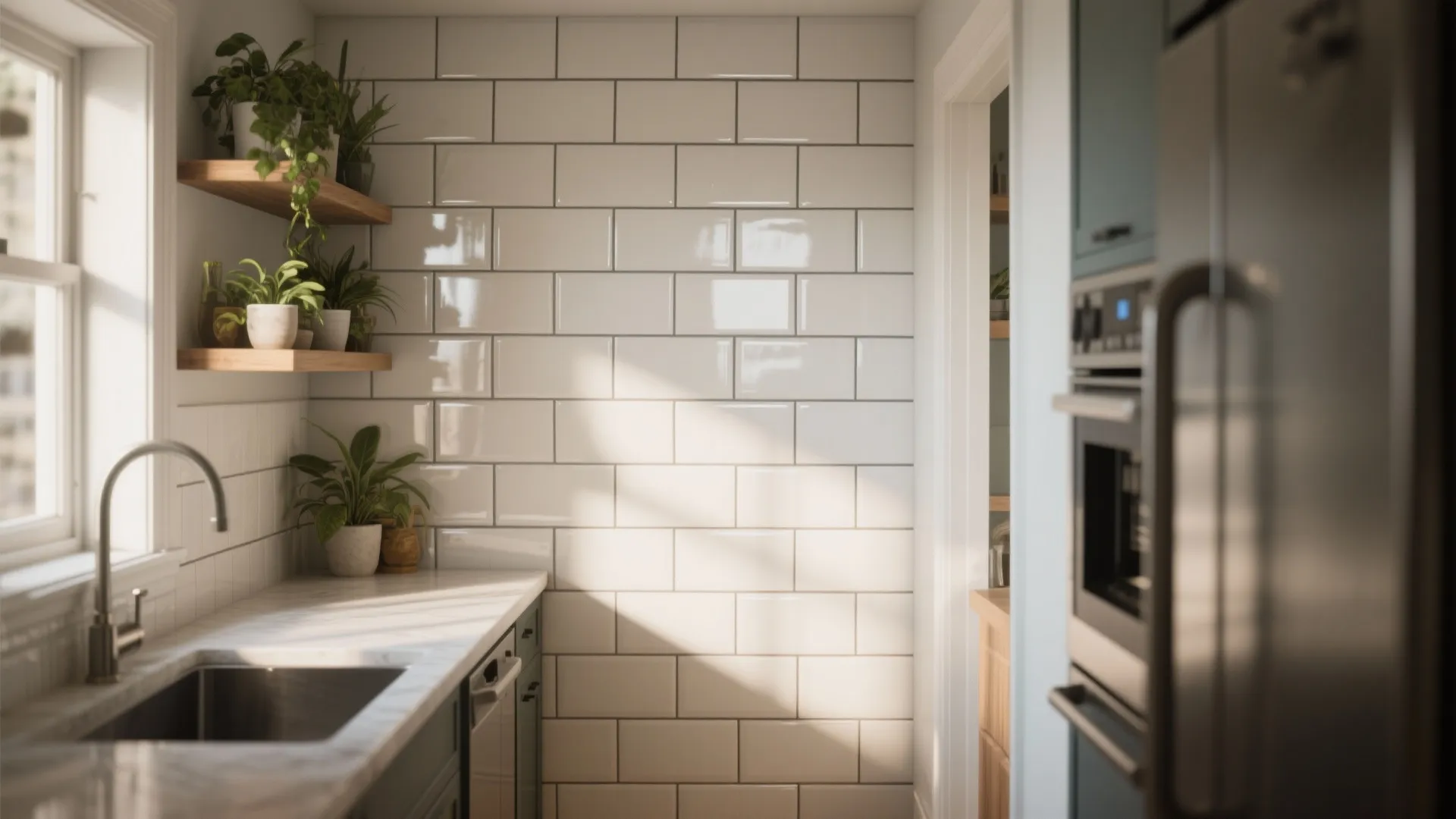 Narrow kitchen with horizontal glossy 3x6 white subway tile and darker grout creating visual width