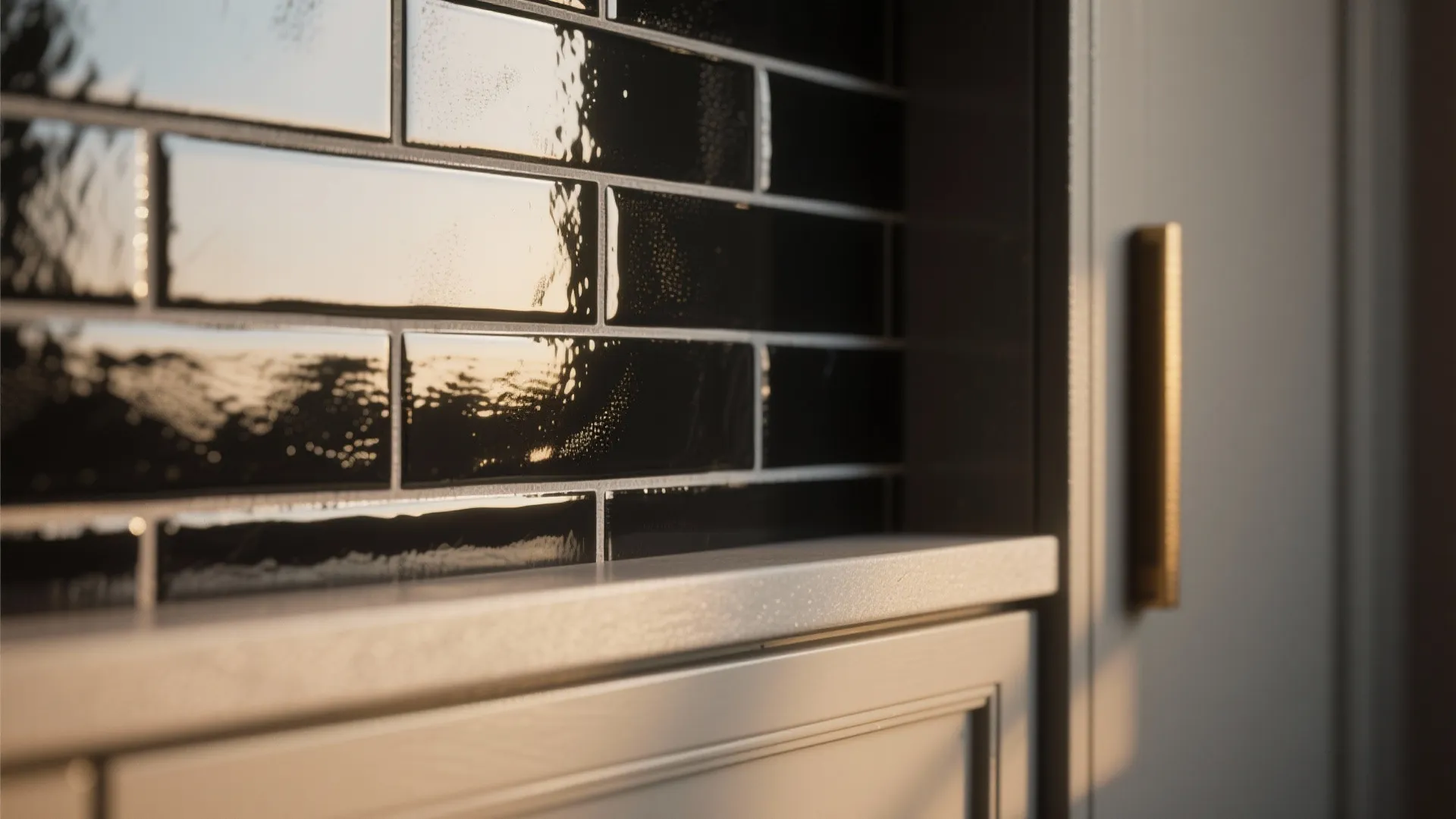 Close up of shiny black wall tiles with white grout next to a grey cabinet