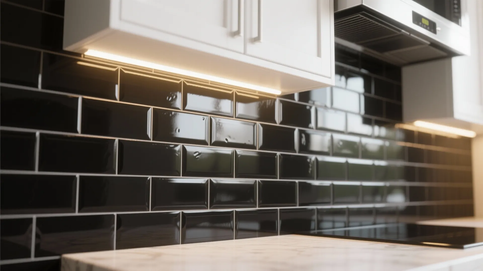 Modern kitchen with black wall tiles under white cabinets and a marble countertop with lighting