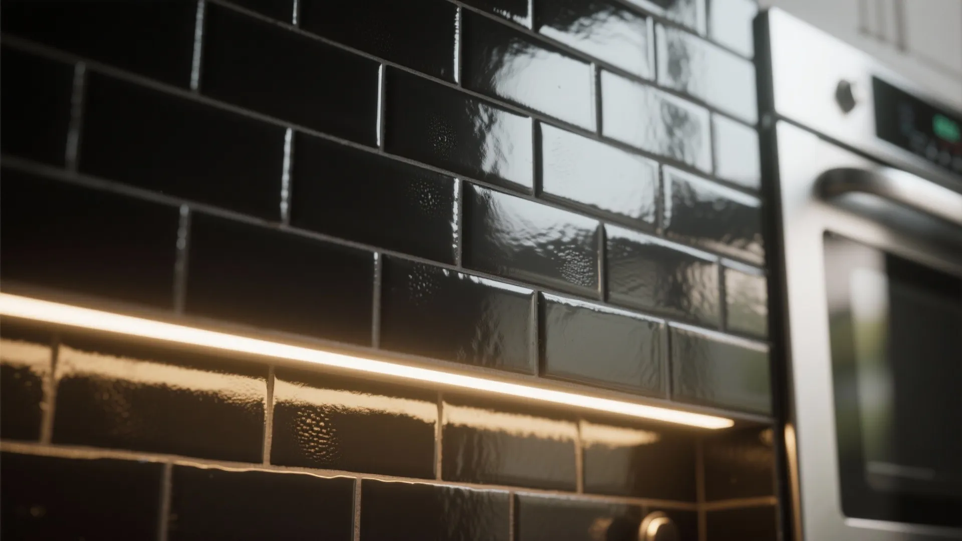 Close-up of glossy black subway tiles reflecting warm under-cabinet light and stainless steel oven.