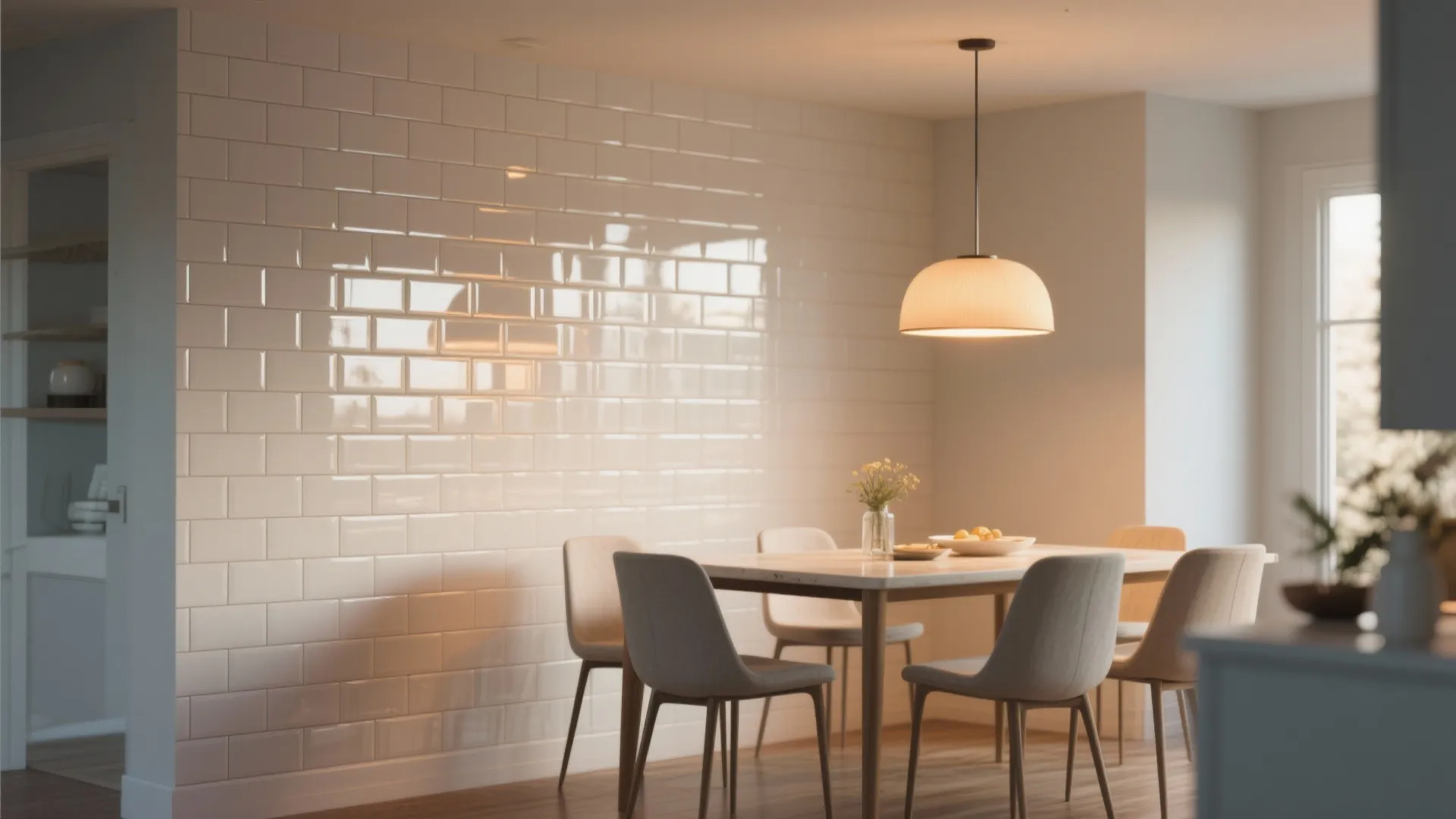 Modern dining room with white glossy wall tiles, round ceiling light, wooden table and chairs
