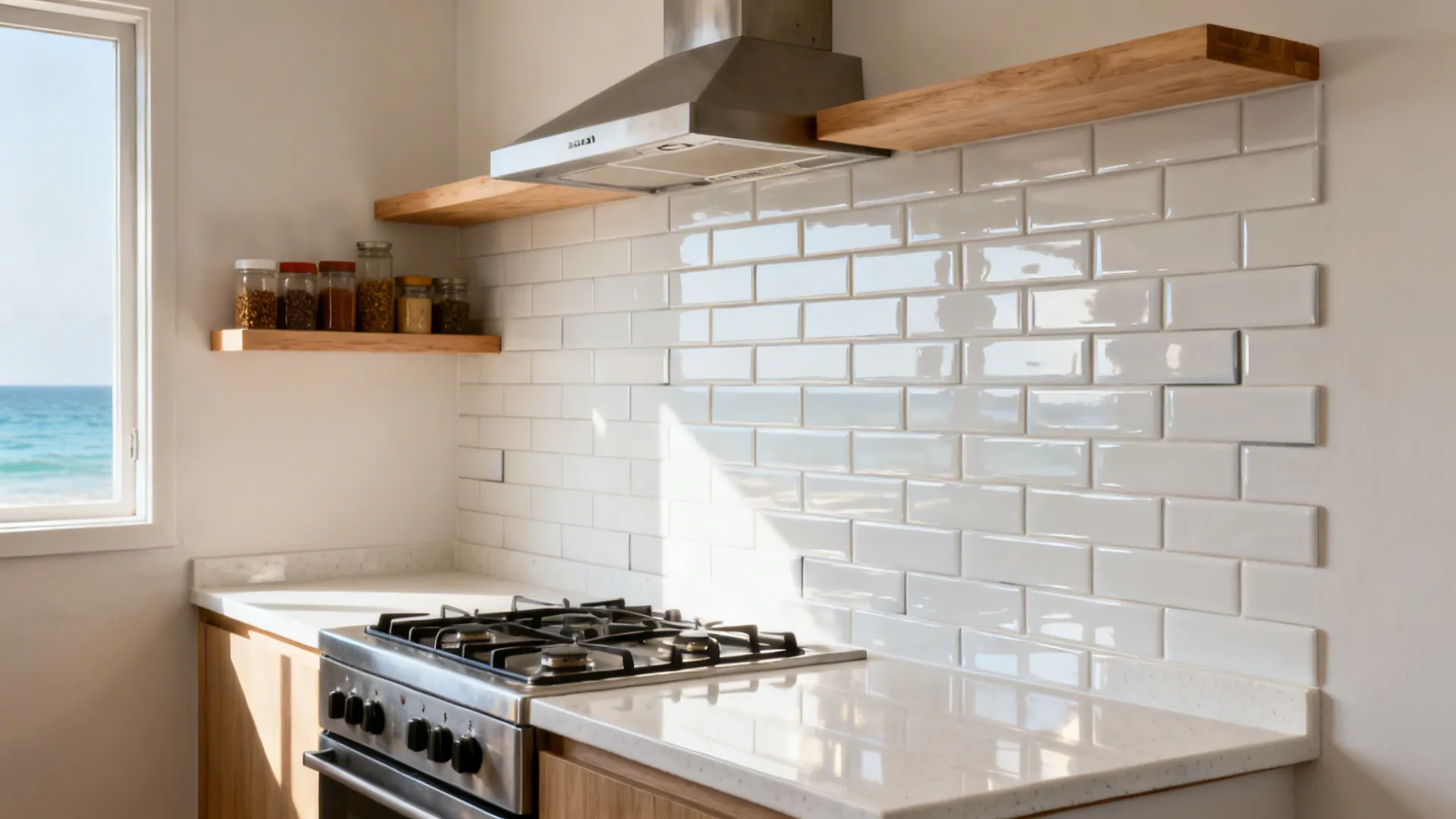 Glossy white subway tile backsplash brightening a compact Kerala kitchen with soft daylight.