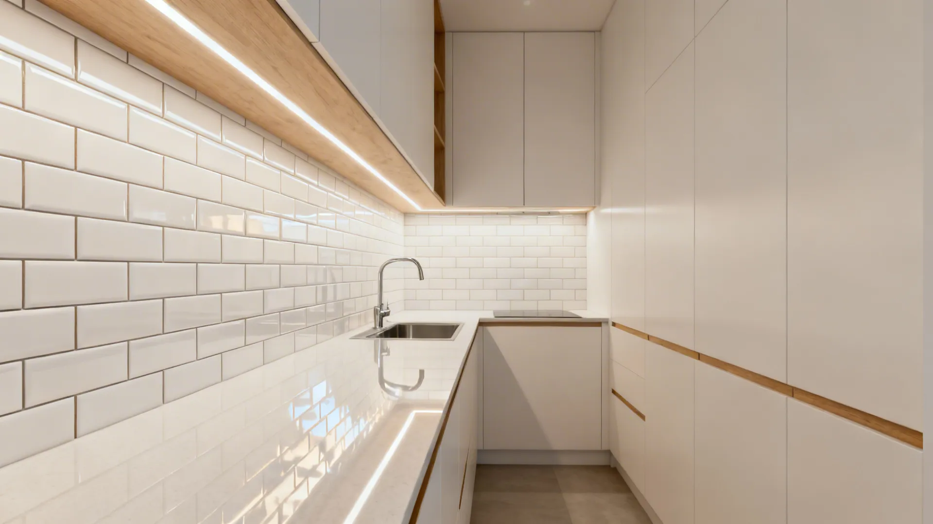 Narrow galley kitchen brightened by glossy white subway tile backsplash reflecting light.