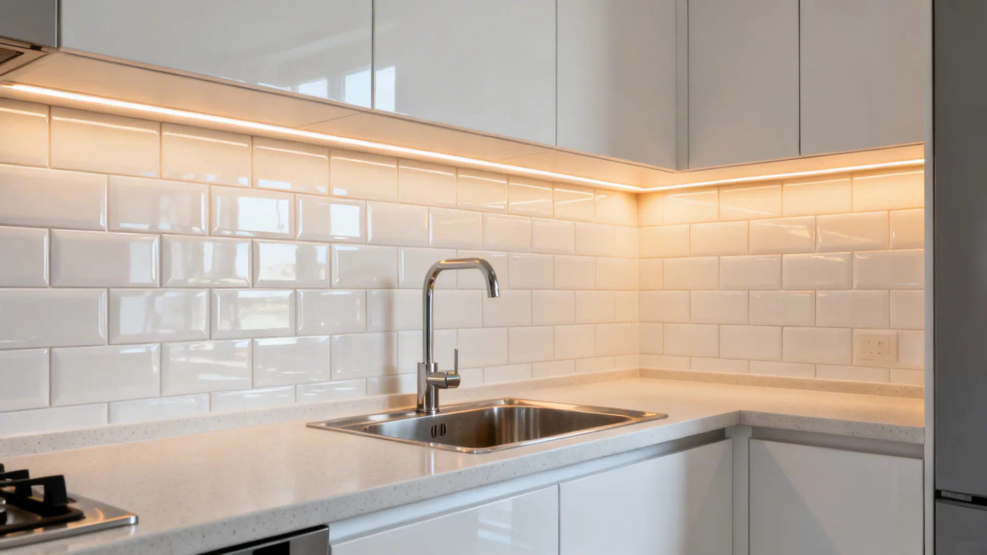 Glossy white subway backsplash with warm under-cabinet LEDs brightening a narrow kitchenette.