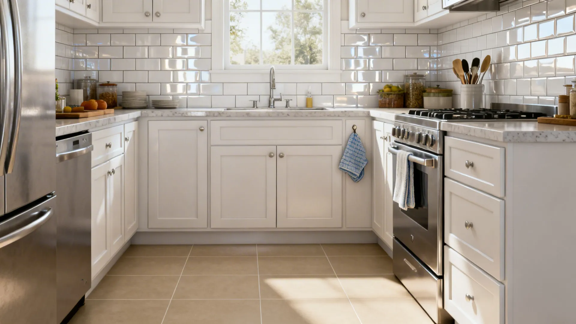 Glossy white subway tile backsplash paired with matte slip-resistant porcelain floor