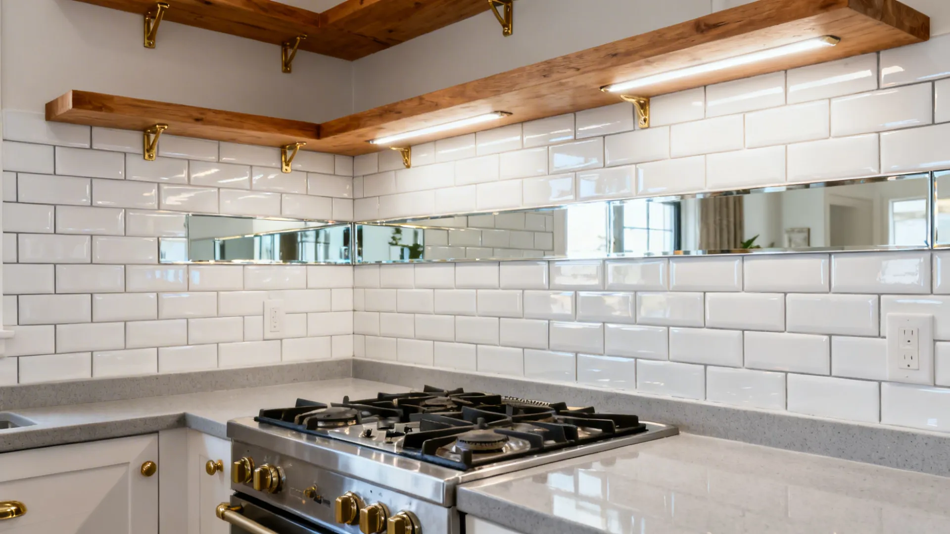 Glossy white subway backsplash with a slim mirrored accent strip in a compact kitchen.