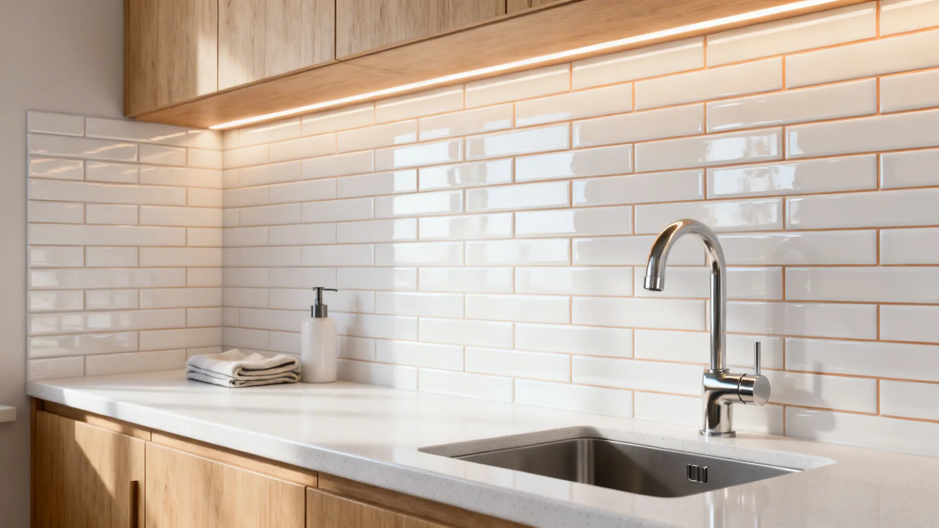 Glossy white 2x8 subway tile backsplash with very thin warm white grout lines in a small kitchen.