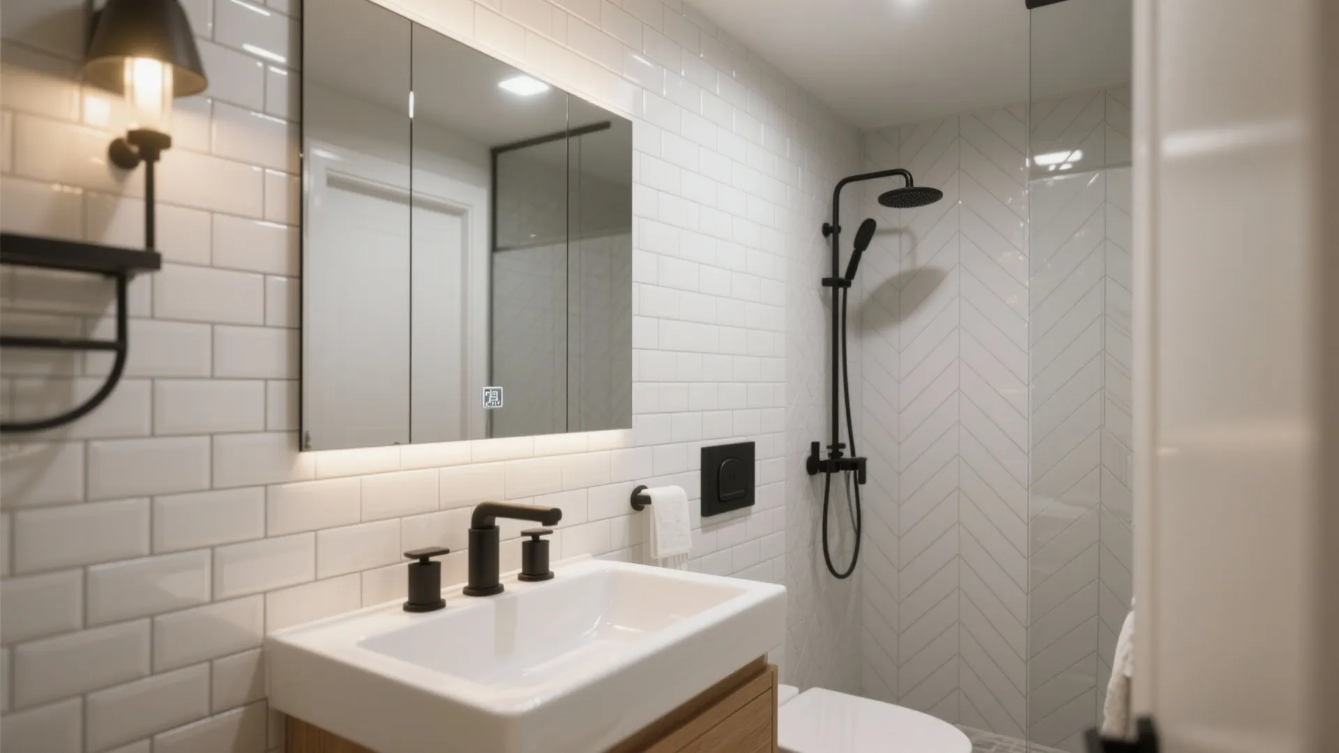 Small modern bath with glossy white subway tiles stacked vertically and a herringbone accent for movement.