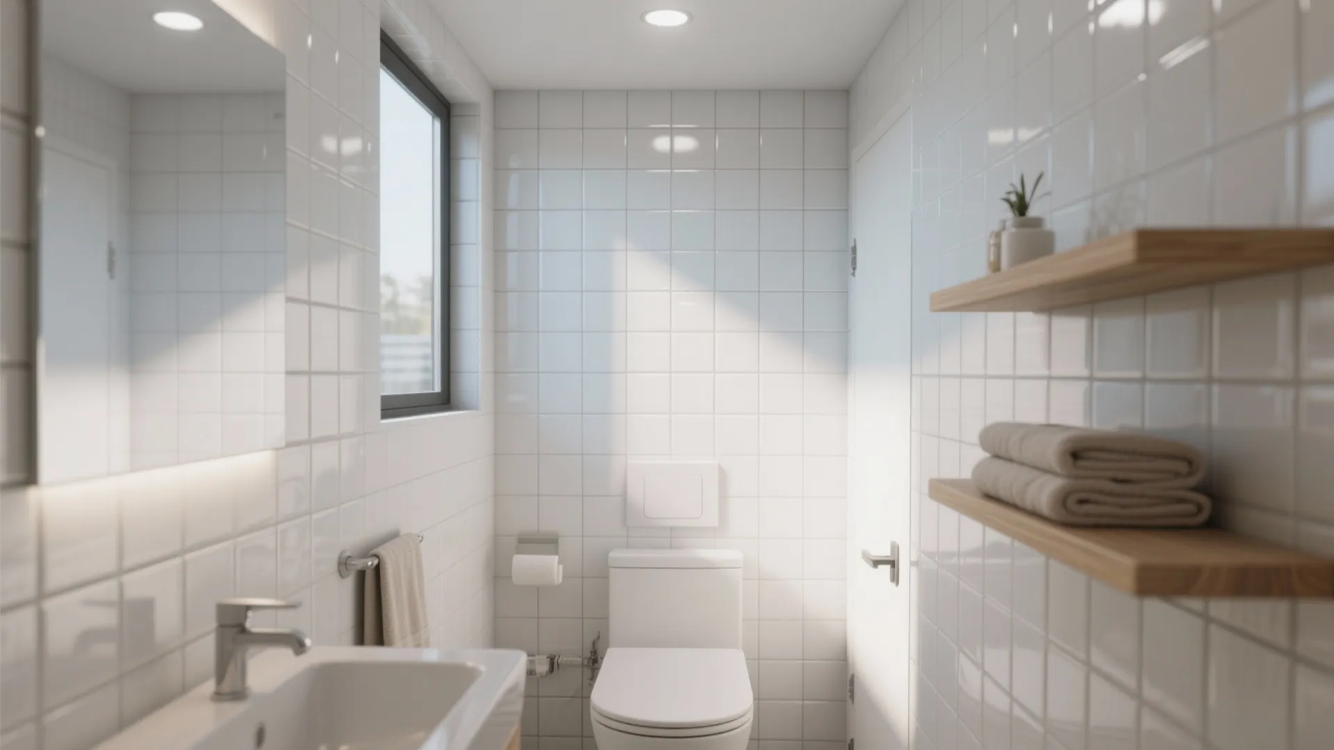 Clean white bathroom with square tiles wooden shelves toilet sink mirror and bright ceiling light