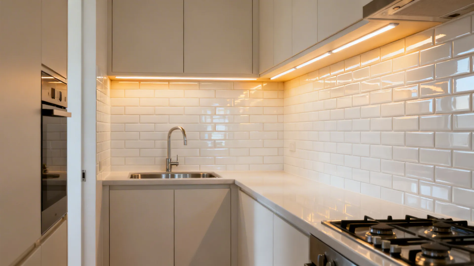 Compact galley kitchen with glossy white subway tile backsplash stacked vertically.
