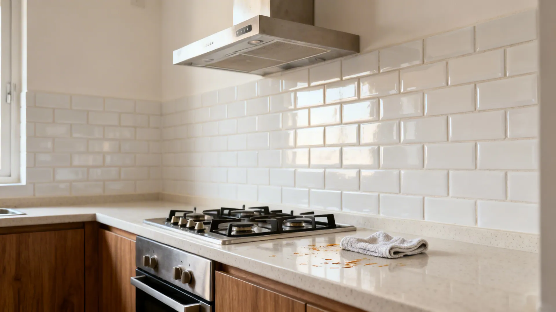 White glossy subway tile backsplash in a compact Indian galley kitchen.