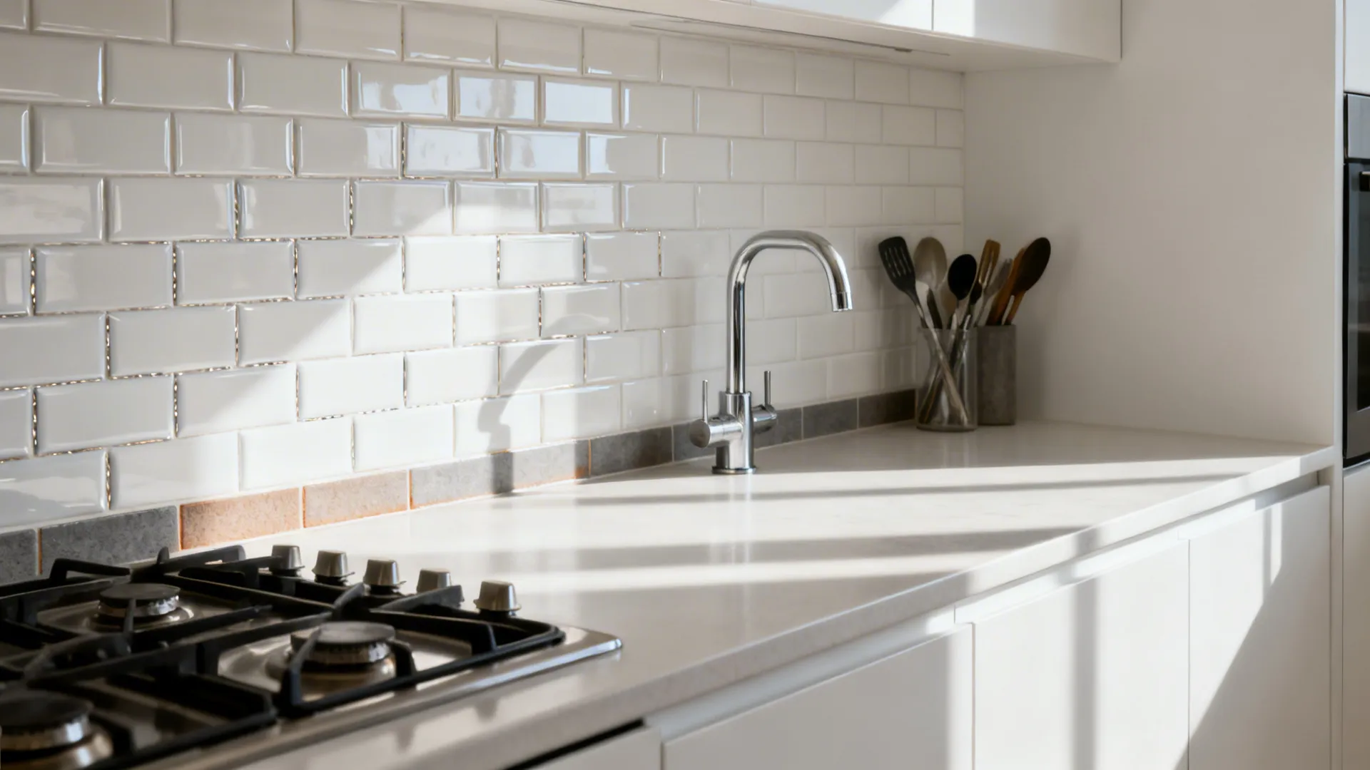 Glossy white micro-beveled subway tile backsplash with warm gray grout in a small kitchen.