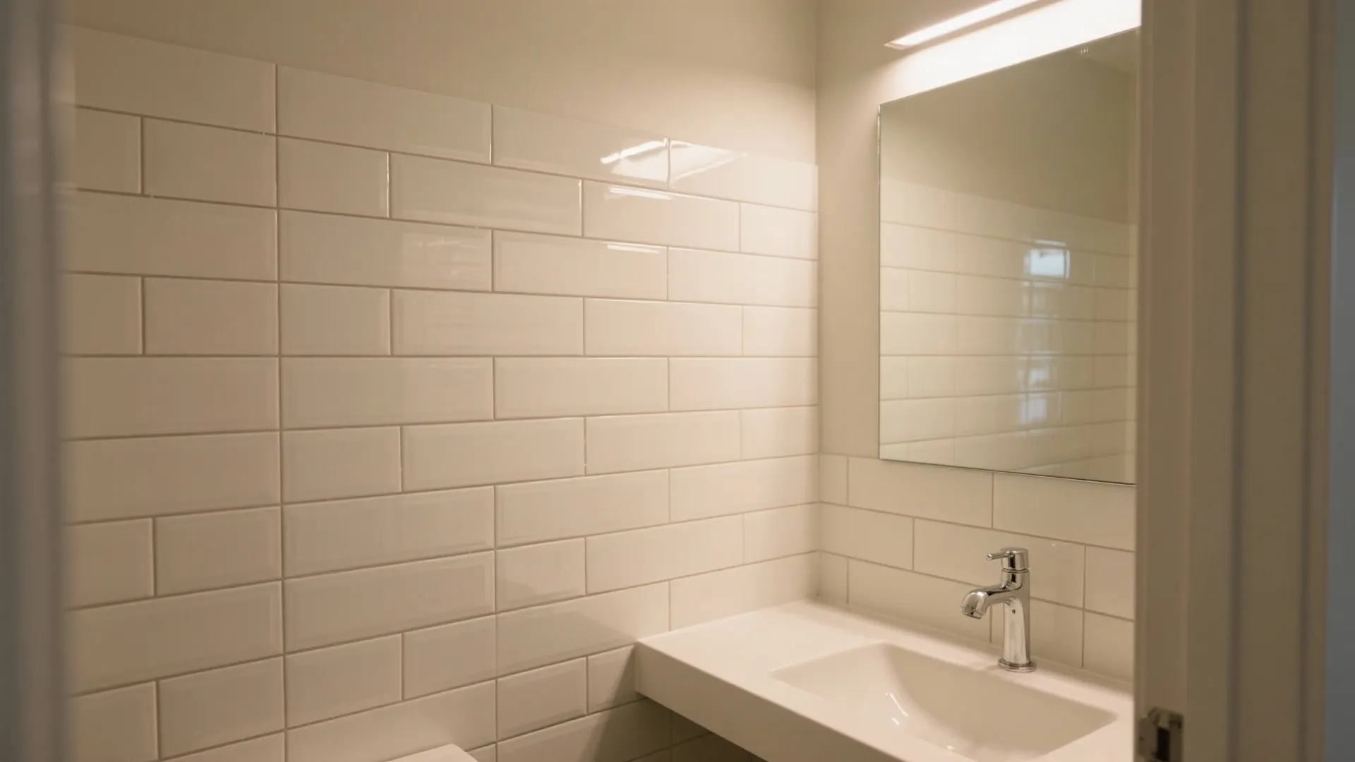Modern bathroom featuring white subway wall tiles with a white sink and a square mirror