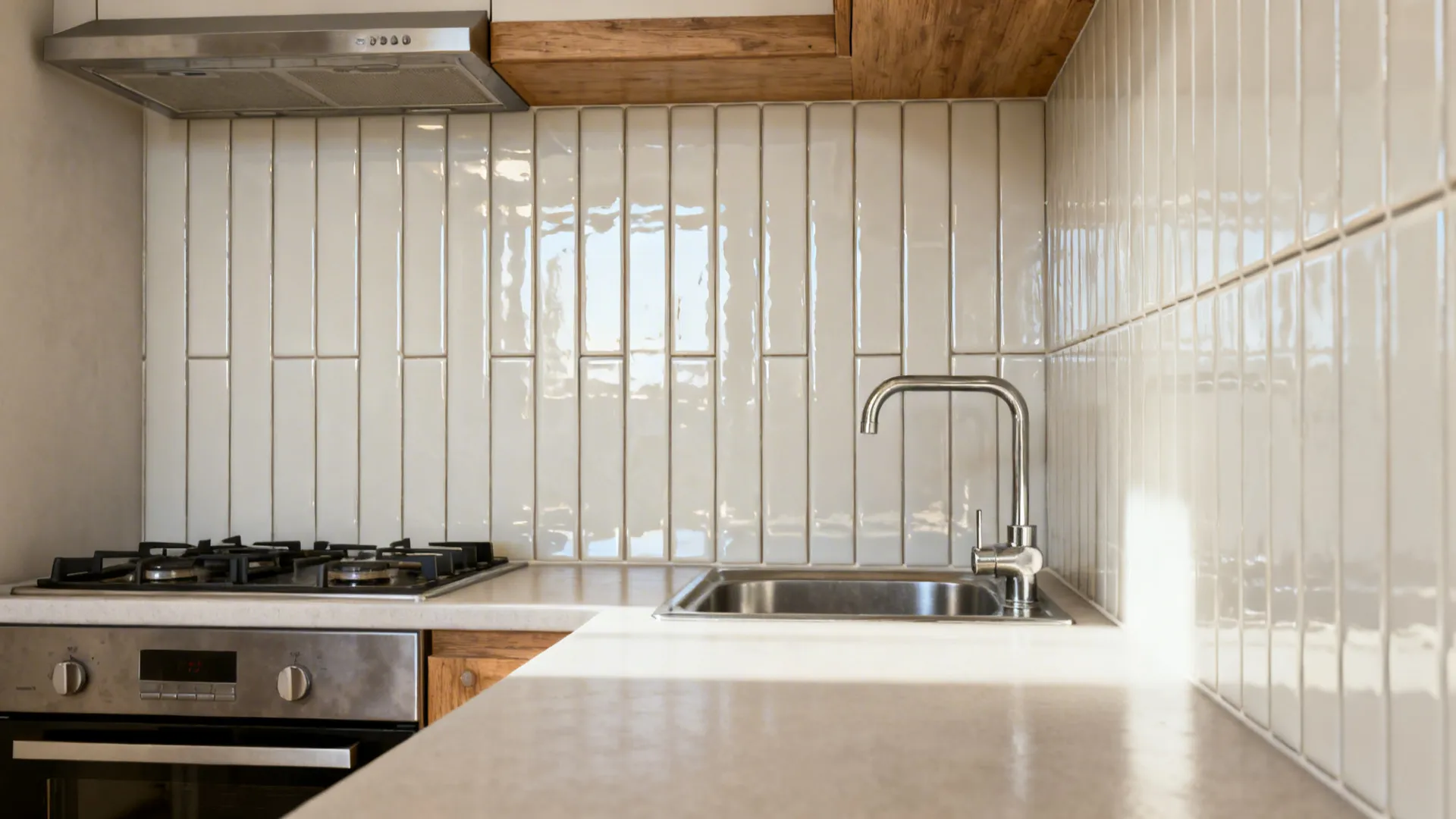 Glossy off-white vertical subway tile backsplash brightening a compact kitchen.