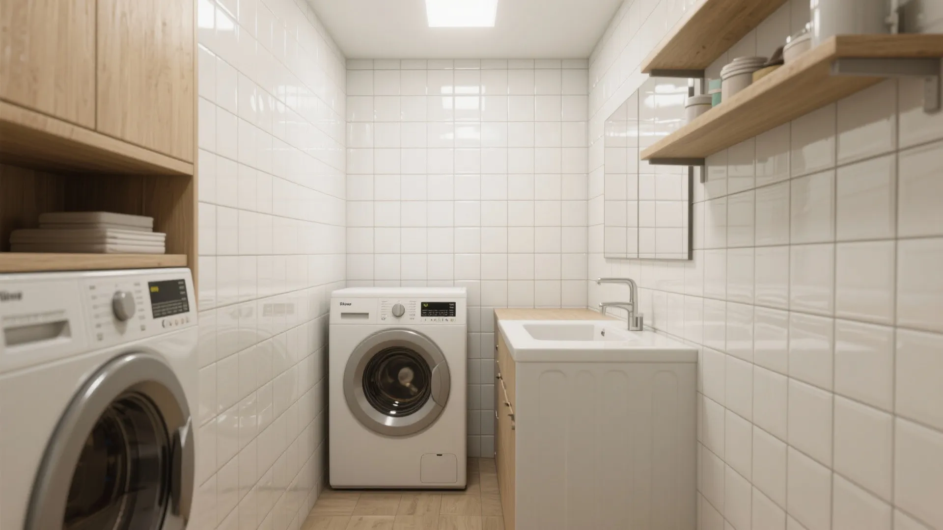 Small laundry room with white wall tiles washing machine sink wooden shelves and ceiling light