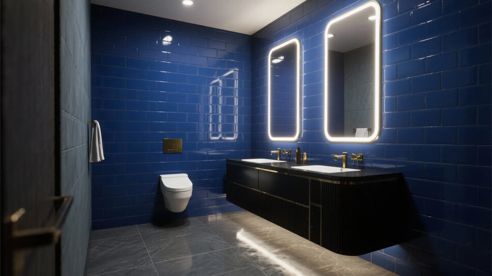 Glossy dark subway tile feature wall