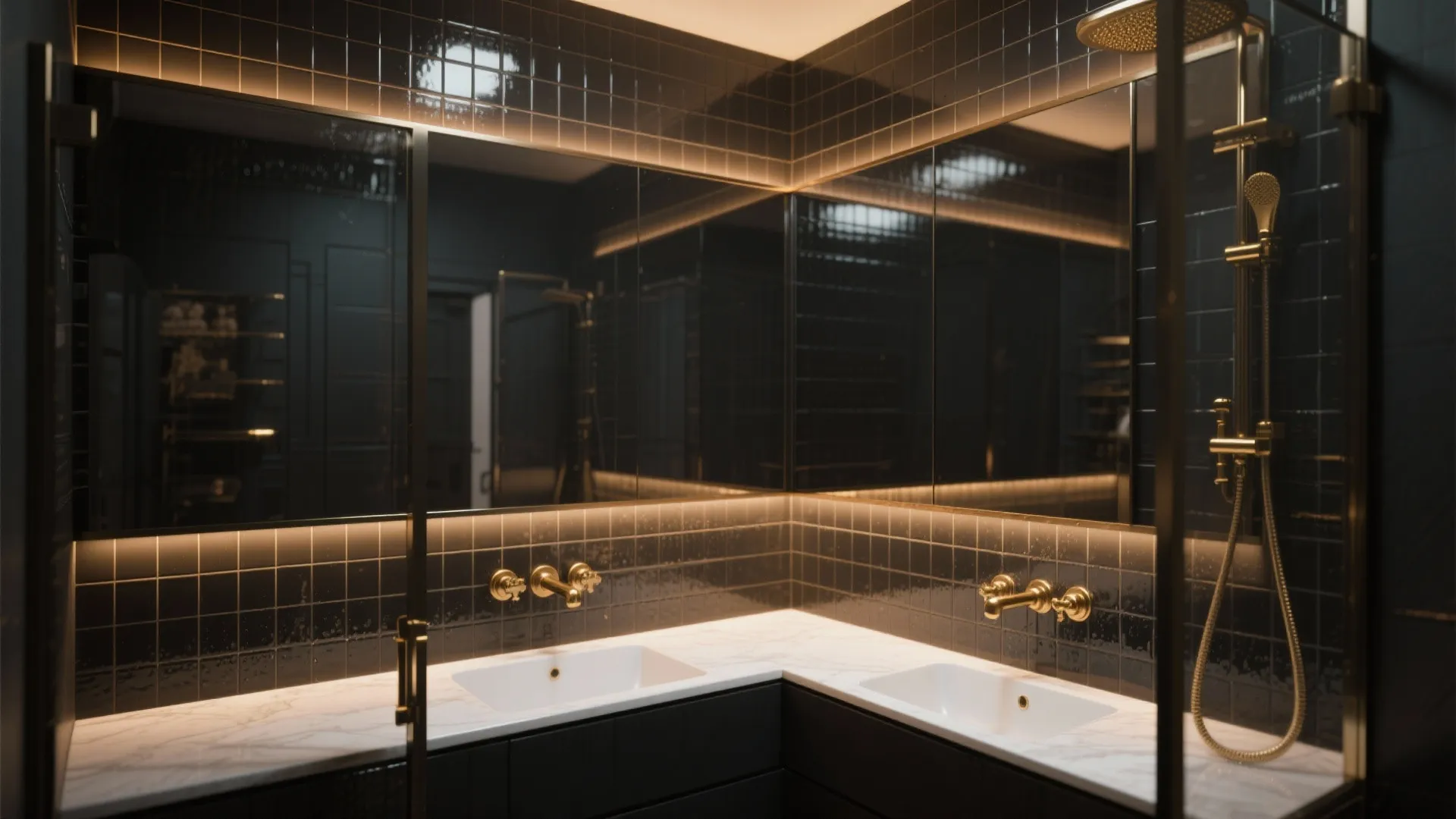 Modern black tiled bathroom with corner marble vanity double white sinks and gold shower fixtures