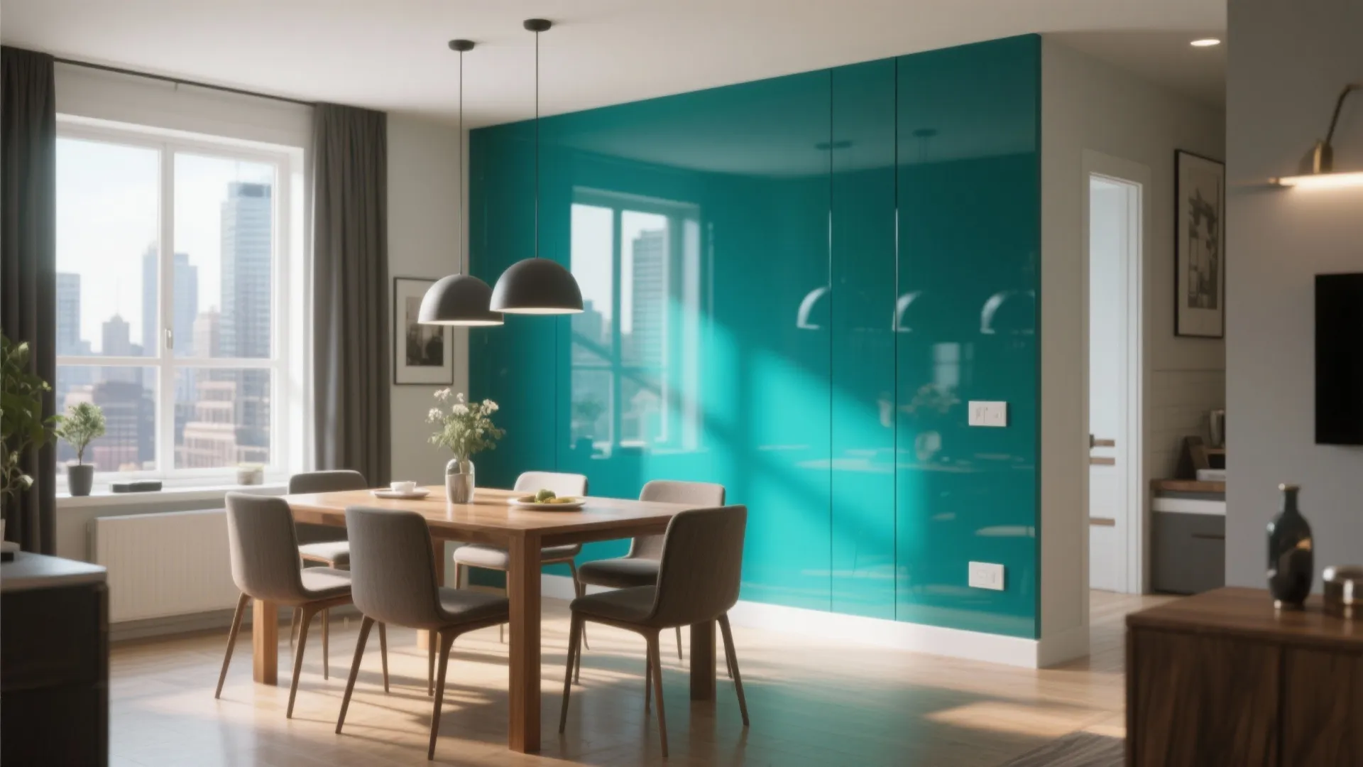 Modern dining room with glossy teal wall wooden table gray chairs and black ceiling lights