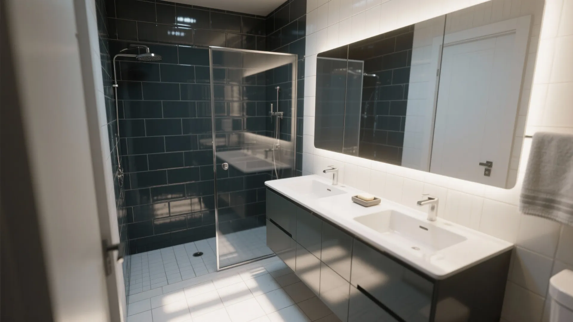 Glossy Black Tile with an Oversized Mirror and Glass