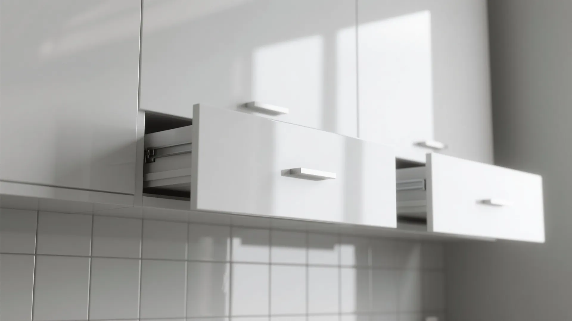 1. Glossy white cabinets + large-format tiles