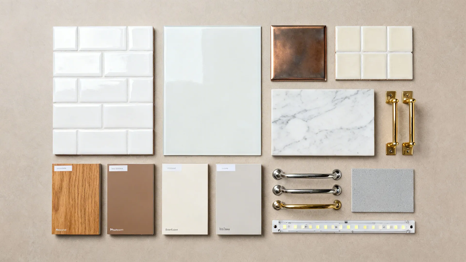 Flat-lay of glossy tile options with matte cabinet swatches and hardware finishes.