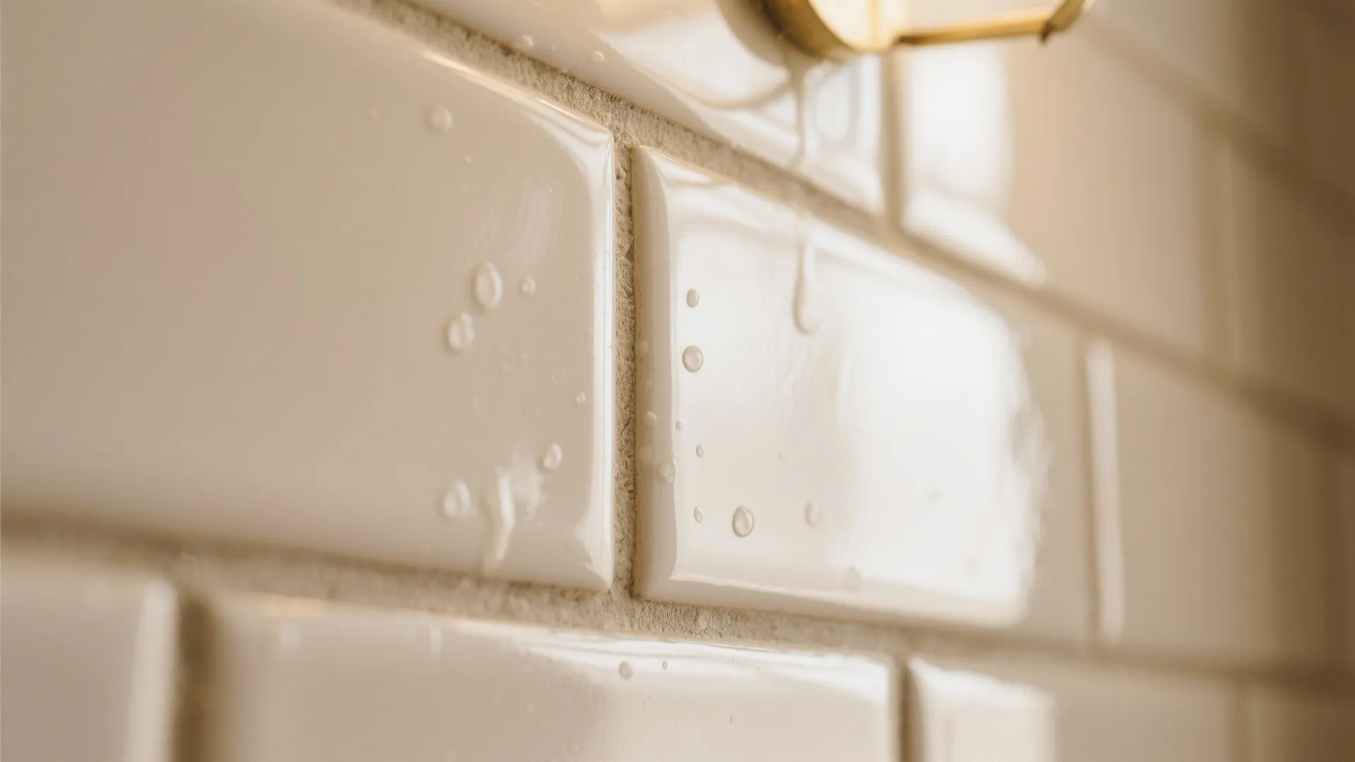 Close up view of glossy cream wall tiles with water droplets in a modern bathroom