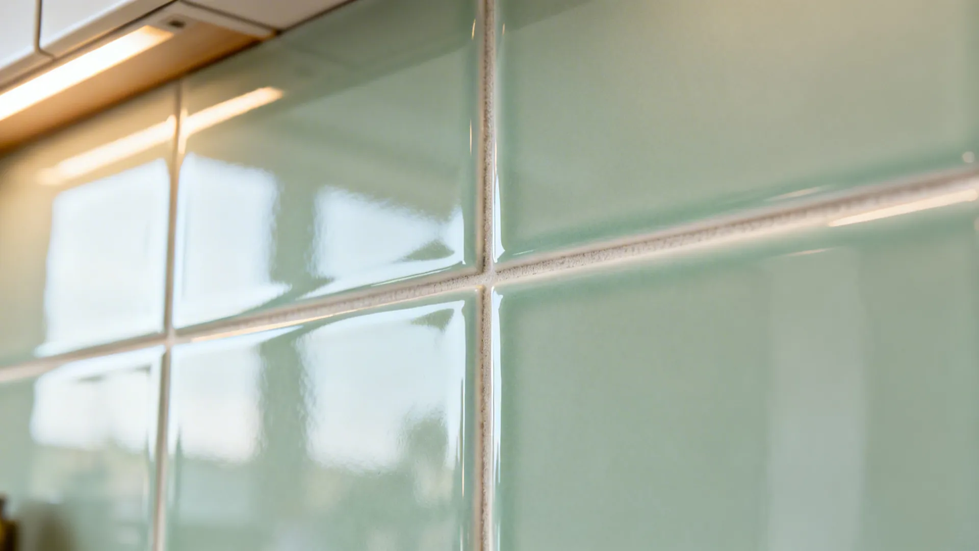 Macro of pale sage glossy glazed tile with smooth reflection and clean grout line under soft light.
